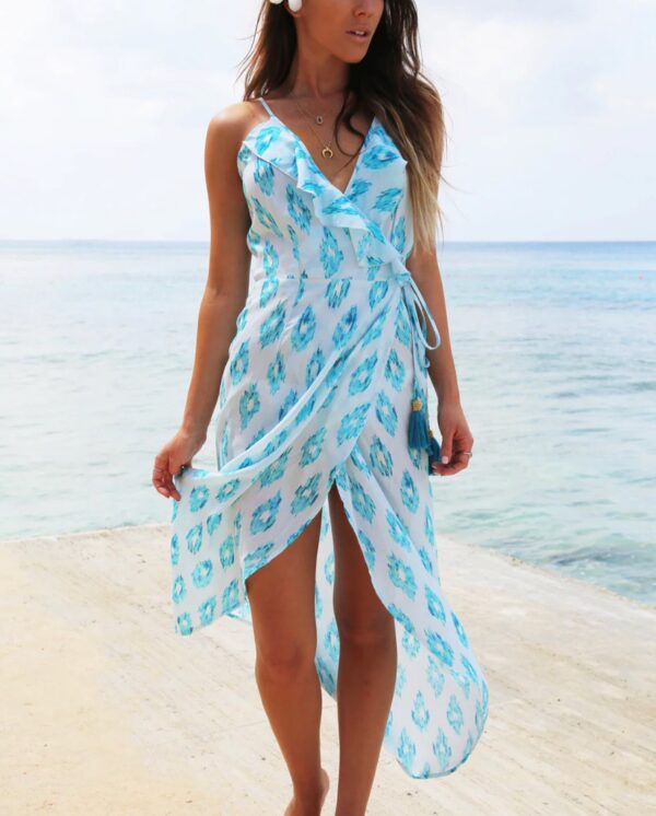 Sophia Alexia Aquamarine Dream Silk Cocktail Midi Wrap Dress