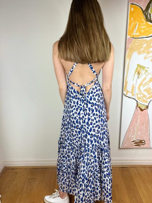 White & Blue Leopard Print Halter Neck Dress