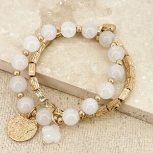 Gold and white semi precious bead multi layer bracelet