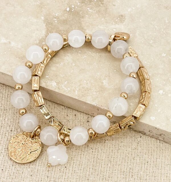 Gold and white semi precious bead multi layer bracelet