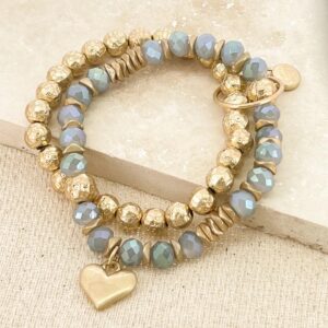 Gold and pale blue faceted bead multi layer stretch bracelet