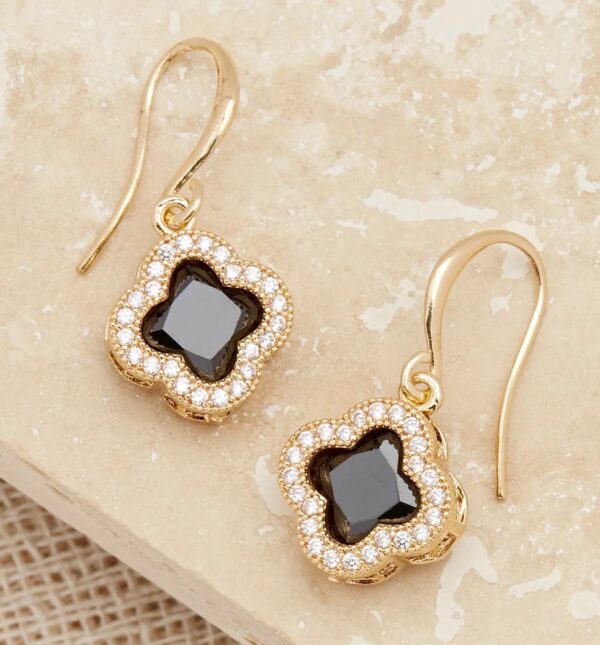 Gold and black small crystal clover drop earring