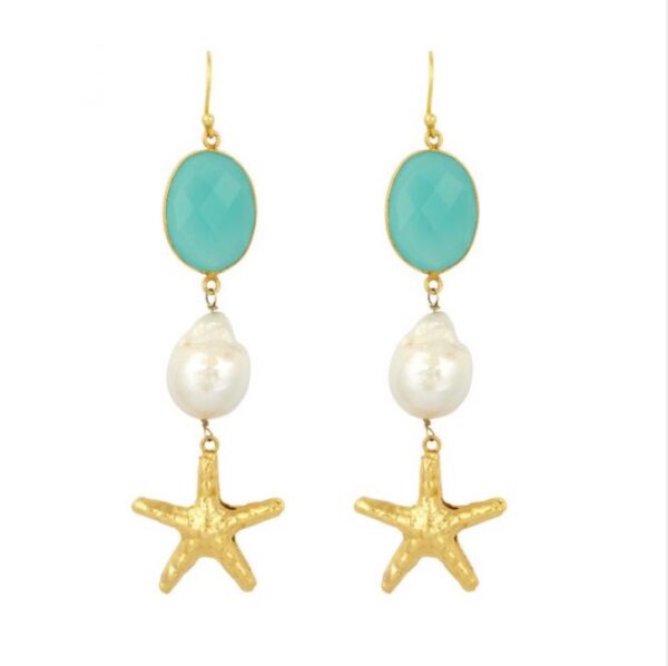 Azurine Starfish earrings with aqua chalcedony and baroque pearl