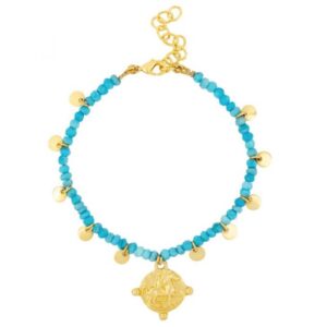 Mini turquoise gemstone bead and gold petal bracelet with horse coin charm