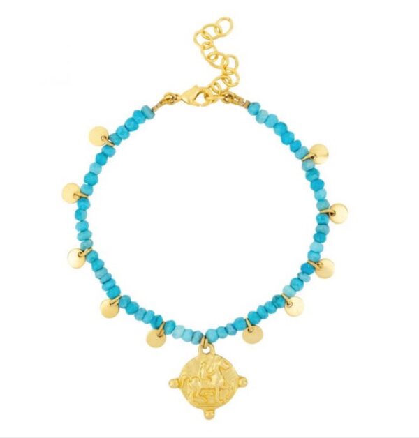 Mini turquoise gemstone bead and gold petal bracelet with horse coin charm