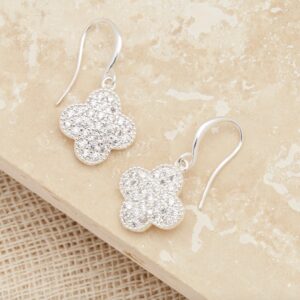 Silver and crystal clover drop earrings