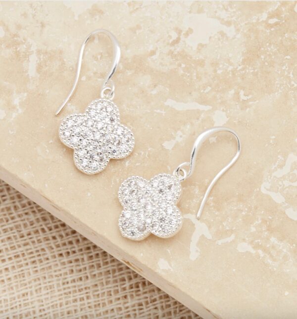 Silver and crystal clover drop earrings