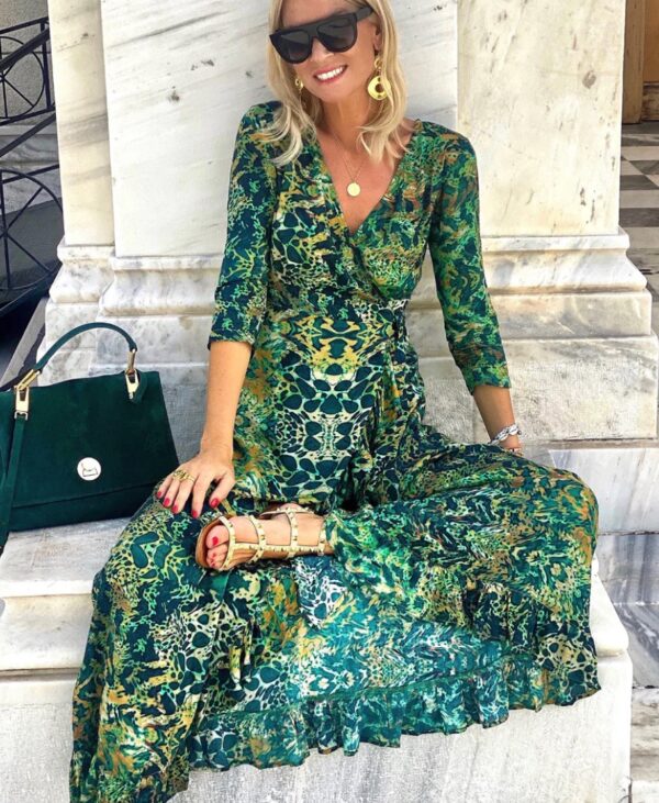 Sophia Alexia Emerald Leopard Ruffle Wrap Dress