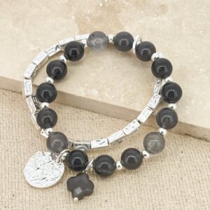 Silver and grey semi precious bead multi layer bracelet