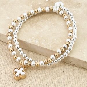Gold and White semi precious bead layer bracelet with clover charm