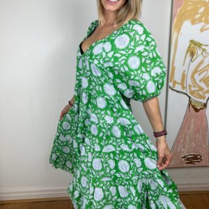 Green & White Flower Print Dress