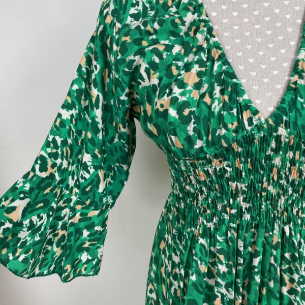Green Leopard Shirred Waist Frilled Sleeve Dress