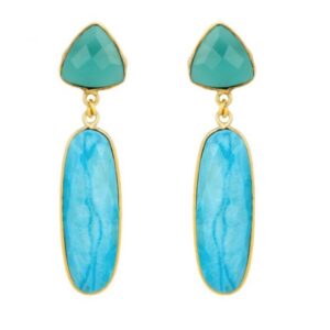 The Tallulah Turquoise earrings are stunning in colour and elegant in shape. The stud complements the earring and the rectangular stone drop elongates the neck and adds a touch of dramatic to the earring. The piece is light weight and easy to wear from day into night. THE FINER DETAILS 22 carat gold plated on brass Hypoallergenic sterling silver earring posts plated in 22 carat gold Delicately set with aqua chalcedony and turquoise gemstones Handcrafted by skilled artisans SIZE, FIT AND CARE 5.5cm drop To keep your jewellery in the best condition, we advise you to avoid contact with water, chlorine, soaps and alcohol – and to take care when wearing and/or removing them