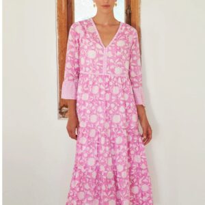 Aspiga Hayden Organic Cotton Midi Dress in Ornate Flower Pink/White