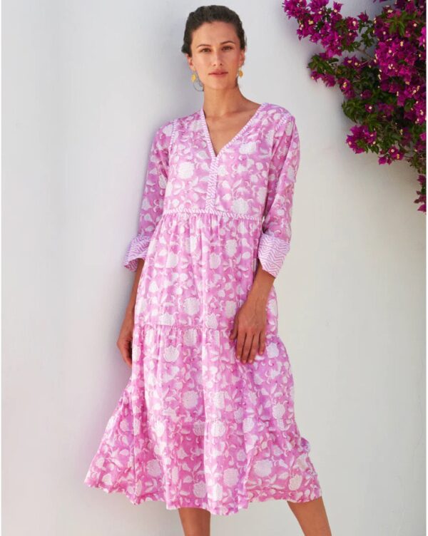 Aspiga Hayden Organic Cotton Midi Dress in Ornate Flower Pink/White