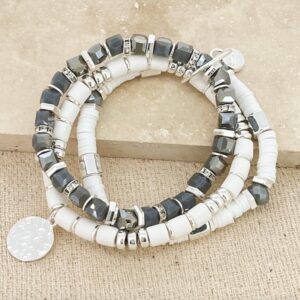 Silver and grey bead multi layer stretch bracelet