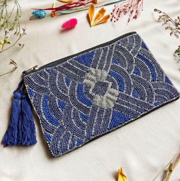Chrysler Beaded Pouch Navy & Silver