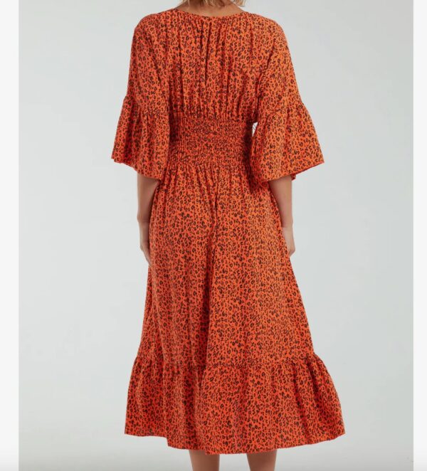 Leopard Print Shirred Bodice Midi Dress in Orange