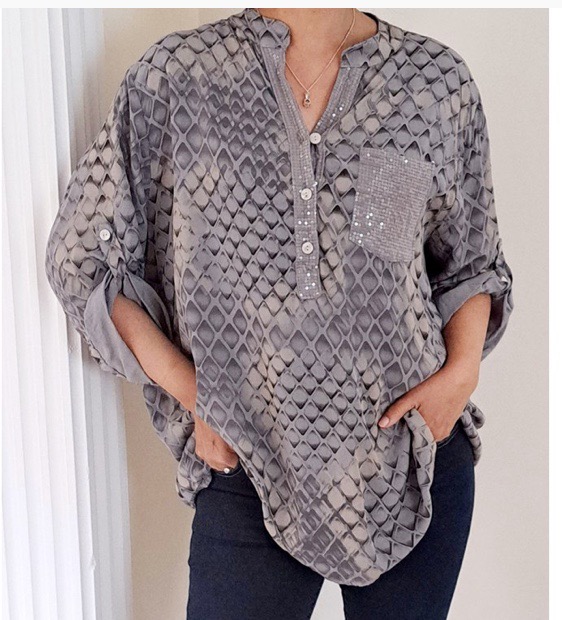 Diamond print shaded sequin pocket and neck blouse