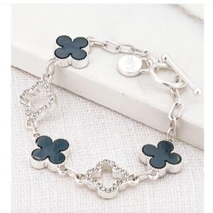 Silver grey and diamante fleur T -bar bracelet