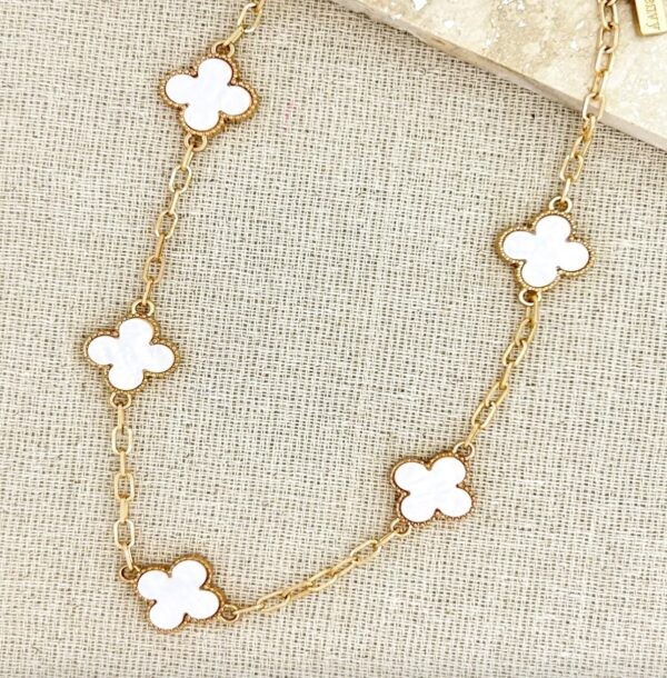 Short Gold and Pearl White Clover Necklace