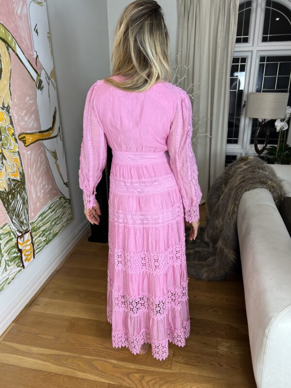 Pink Embroidered Trim Tiered Maxi Dress