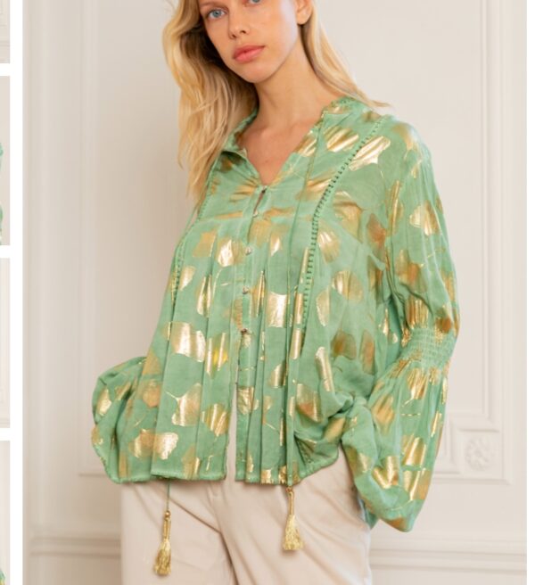 Last Queen Gold Effect Print Shirt with Lantern Sleeves