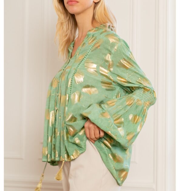 Last Queen Gold Effect Print Shirt with Lantern Sleeves