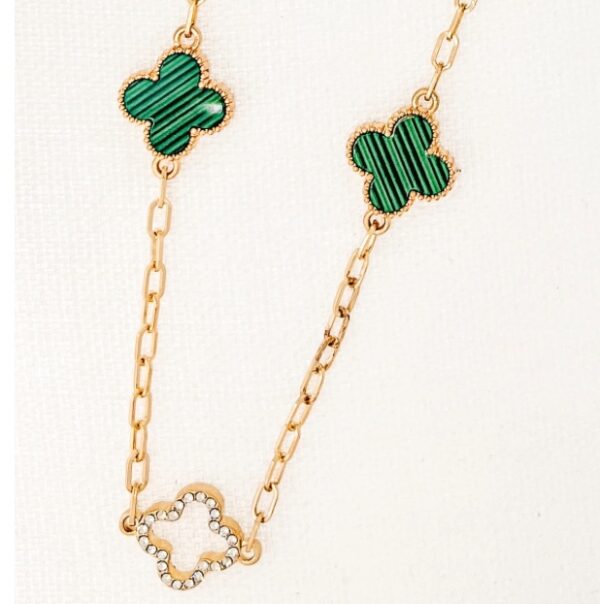 Envy Long Gold Necklace with Diamante and Green Fleurs