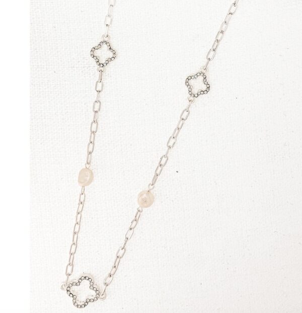 Envy Long Silver Necklace with Freshwater Pearls and Diamante Fleurs
