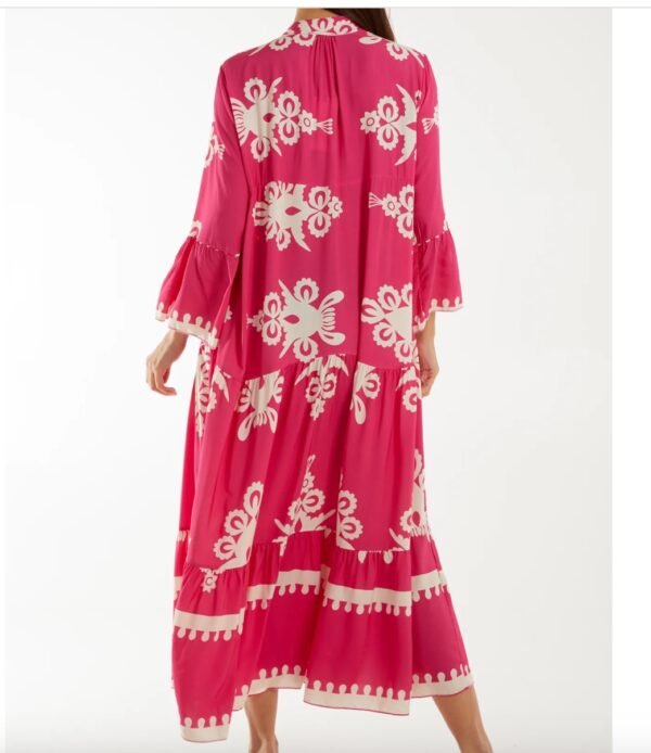 Folk Print Tiered Midi Dress in Hot Pink