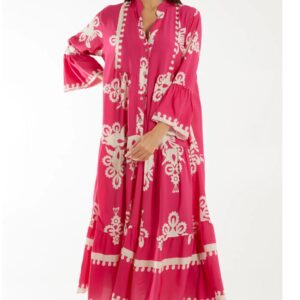Folk Print Tiered Midi Dress in Hot Pink