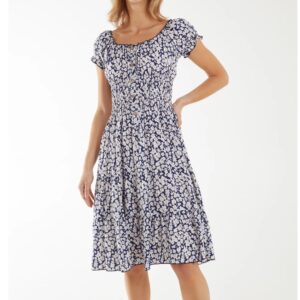 Ditsy Floral Button Shirred Midi Dress