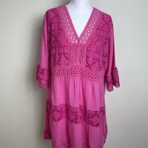 Fuschia Embroidery & Lace Tiered Short Dress