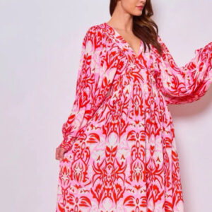 Pink & Red with Gold Trim Full Sleeved Midi Dress