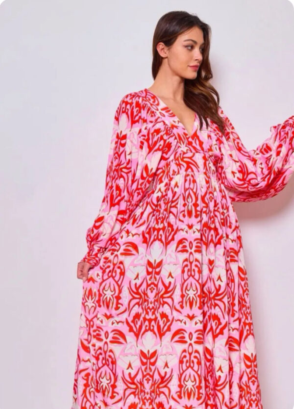 Pink & Red with Gold Trim Full Sleeved Midi Dress