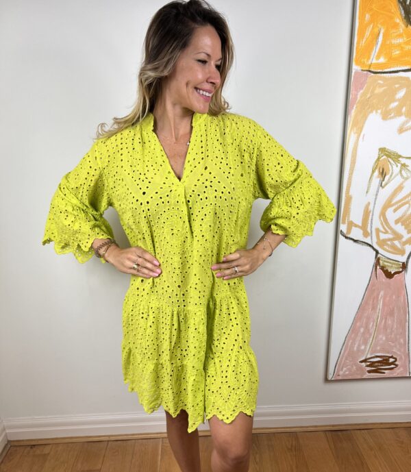 Broderie Anglaise Tiered Tunic Dress in Lime Green