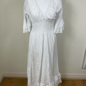 White Broderie Anglaise Shirred Bodice Midi Dress