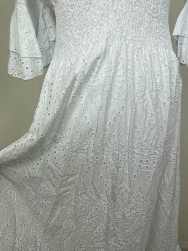 White Broderie Anglaise Shirred Bodice Midi Dress